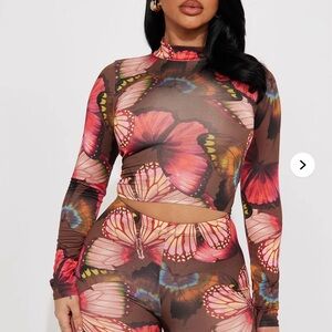 Fashion Nova Fitted Long Sleeve Butterfly Crop Top